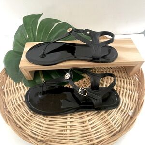 Nicole Miller New York Black Jelly Sandals adjustable NM Gold emblem Size 8